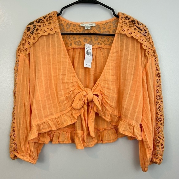 NWT American Eagle Sherbet Orange Crochet Cropped Ruffle Tie Blouse Size Small - Picture 1 of 9